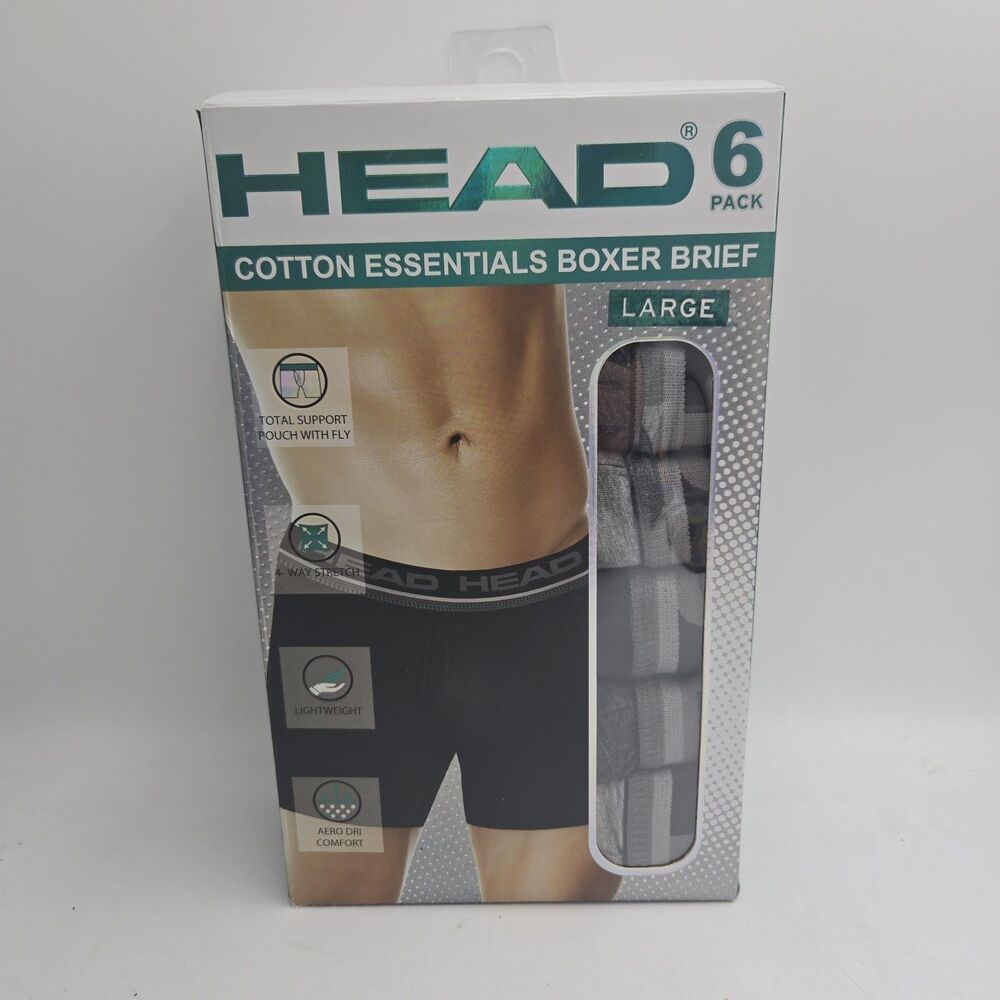 HEAD Mens Boxer Briefs Large 36-38 Cotton Essentials 6 Pack Gray Black NEW NWT